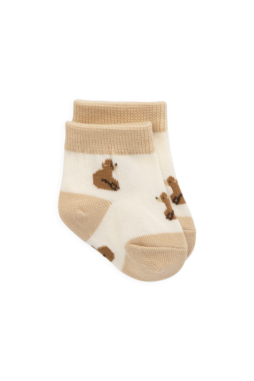 Combed Cotton Ankle Sock with Bear Motif & Gentle Stretch